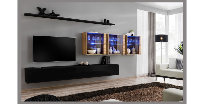 Ensemble meuble salon mural SWITCH XVII design, coloris noir brillant et chêne Wotan.