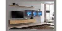 Ensemble meuble salon mural SWITCH XVII design, coloris chêne Wotan et gris brillant.