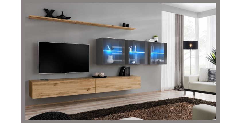 Ensemble meuble salon mural SWITCH XVII design, coloris chêne Wotan et gris brillant.