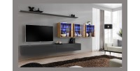 Ensemble meuble salon mural SWITCH XVII design, coloris gris brillant et chêne Wotan.