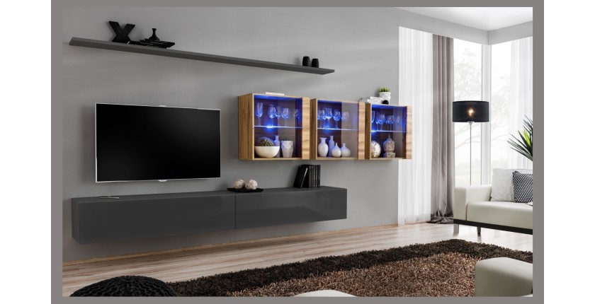 Ensemble meuble salon mural SWITCH XVII design, coloris gris brillant et chêne Wotan.