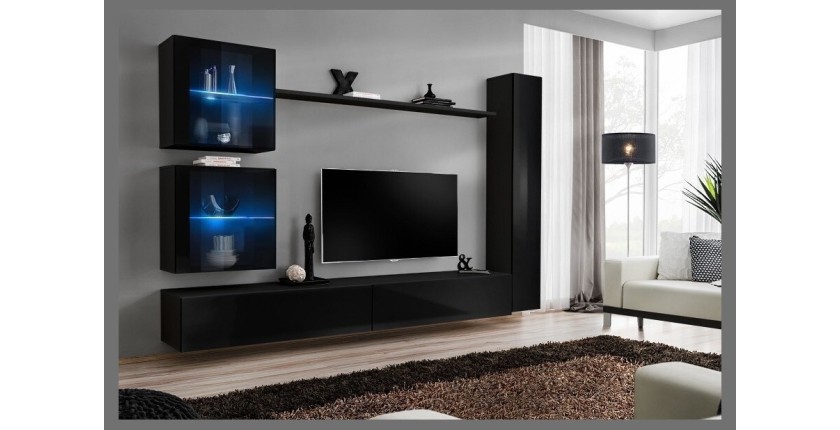 Ensemble meuble salon mural SWITCH XVIII design, coloris noir brillant.
