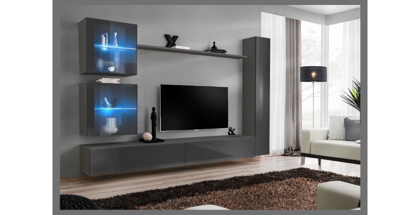 Ensemble meuble salon mural SWITCH XVIII design, coloris gris brillant.