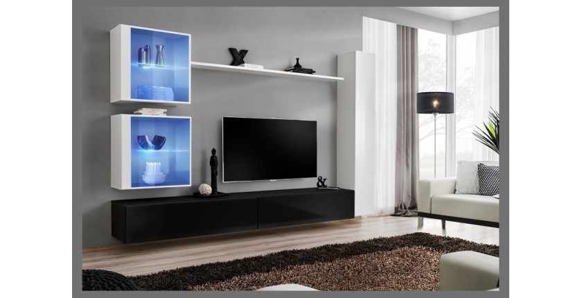 Ensemble meuble salon mural SWITCH XVIII design, coloris noir et blanc brillant.