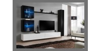 Ensemble meuble salon mural SWITCH XVIII design, coloris blanc et noir brillant.