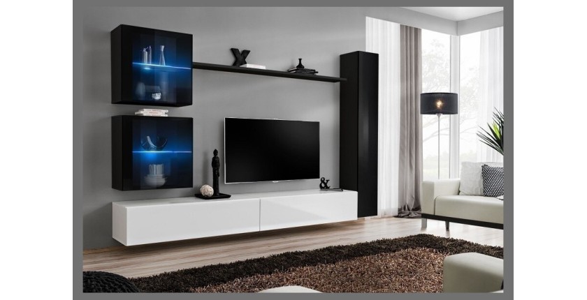 Ensemble meuble salon mural SWITCH XVIII design, coloris blanc et noir brillant.