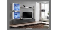 Ensemble meuble salon mural SWITCH XVIII design, coloris gris et blanc brillant.