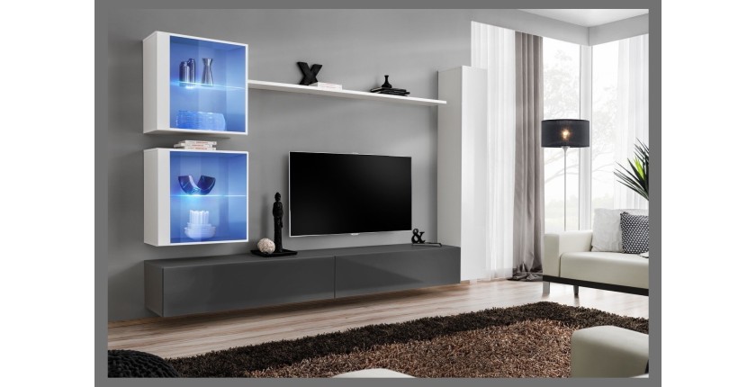 Ensemble meuble salon mural SWITCH XVIII design, coloris gris et blanc brillant.