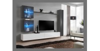 Ensemble meuble salon mural SWITCH XVIII design, coloris blanc et gris brillant.