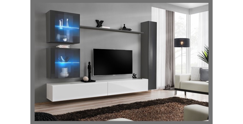 Ensemble meuble salon mural SWITCH XVIII design, coloris blanc et gris brillant.