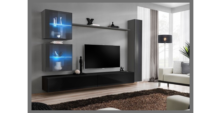 Ensemble meuble salon mural SWITCH XVIII design, coloris noir et gris brillant.