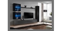 Ensemble meuble salon mural SWITCH XVIII design, coloris gris et noir brillant.