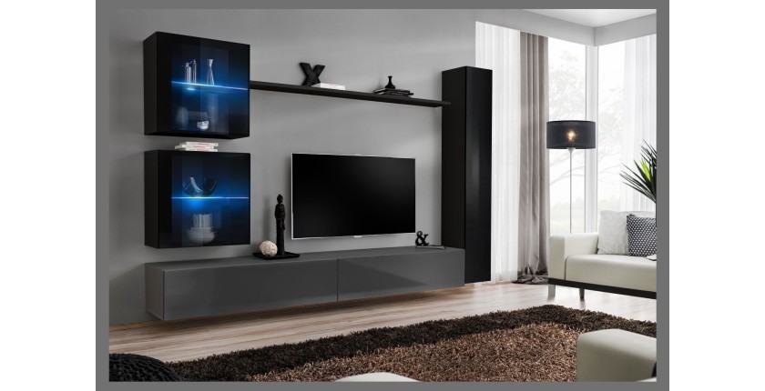 Ensemble meuble salon mural SWITCH XVIII design, coloris gris et noir brillant.