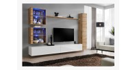 Ensemble meuble salon mural SWITCH XVIII design, coloris blanc brillant et chêne Wotan.