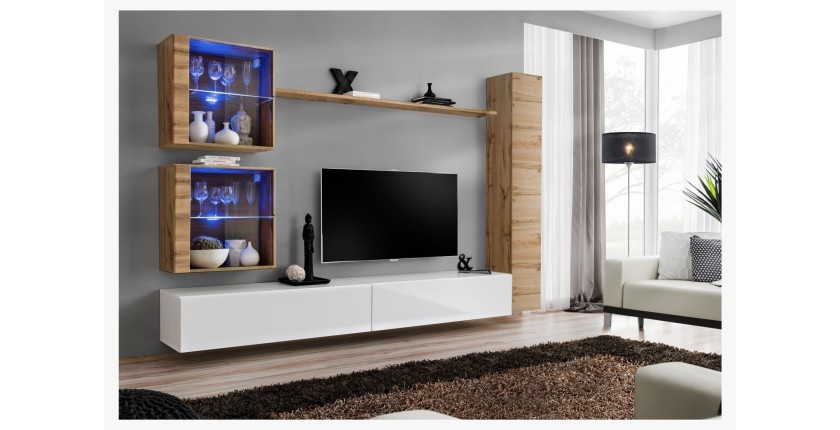 Ensemble meuble salon mural SWITCH XVIII design, coloris blanc brillant et chêne Wotan.