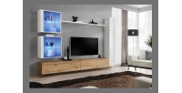 Ensemble meuble salon mural SWITCH XVIII design, coloris chêne Wotan et blanc brillant.