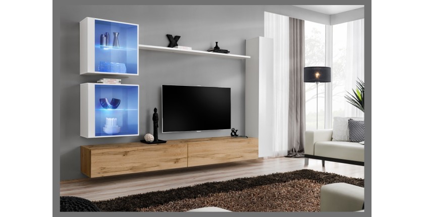 Ensemble meuble salon mural SWITCH XVIII design, coloris chêne Wotan et blanc brillant.