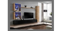 Ensemble meuble salon mural SWITCH XVIII design, coloris noir brillant et chêne Wotan.