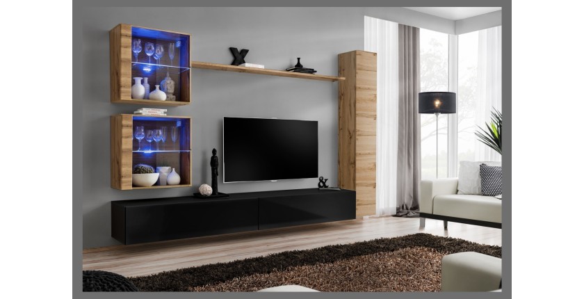 Ensemble meuble salon mural SWITCH XVIII design, coloris noir brillant et chêne Wotan.
