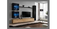 Ensemble meuble salon mural SWITCH XVIII design, coloris chêne Wotan et noir brillant.