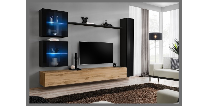 Ensemble meuble salon mural SWITCH XVIII design, coloris chêne Wotan et noir brillant.