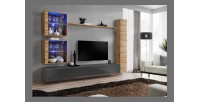 Ensemble meuble salon mural SWITCH XVIII design, coloris gris brillant et chêne Wotan.