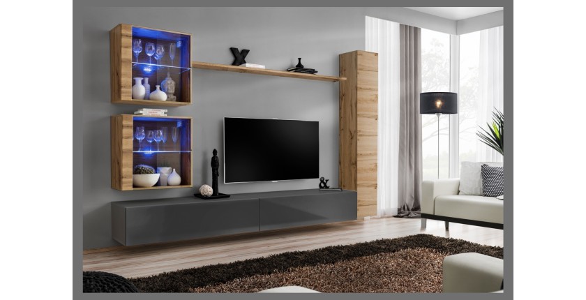 Ensemble meuble salon mural SWITCH XVIII design, coloris gris brillant et chêne Wotan.