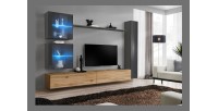 Ensemble meuble salon mural SWITCH XVIII design, coloris chêne Wotan et gris brillant.