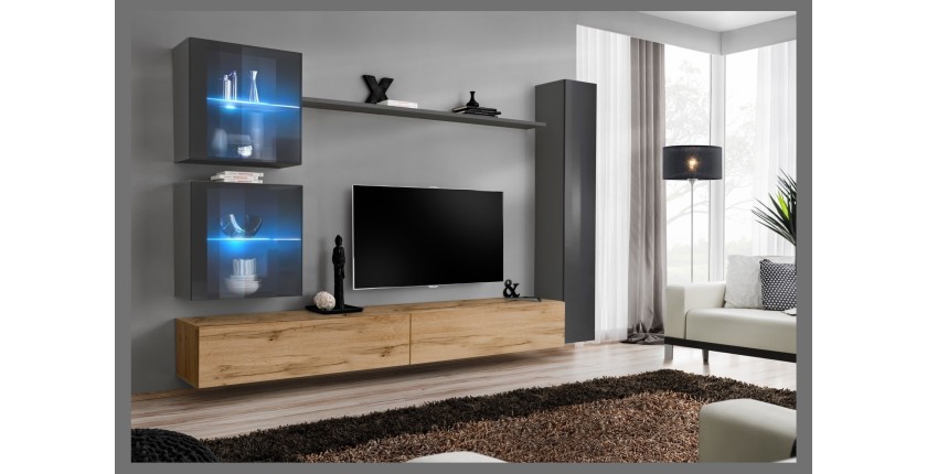 Ensemble meuble salon mural SWITCH XVIII design, coloris chêne Wotan et gris brillant.