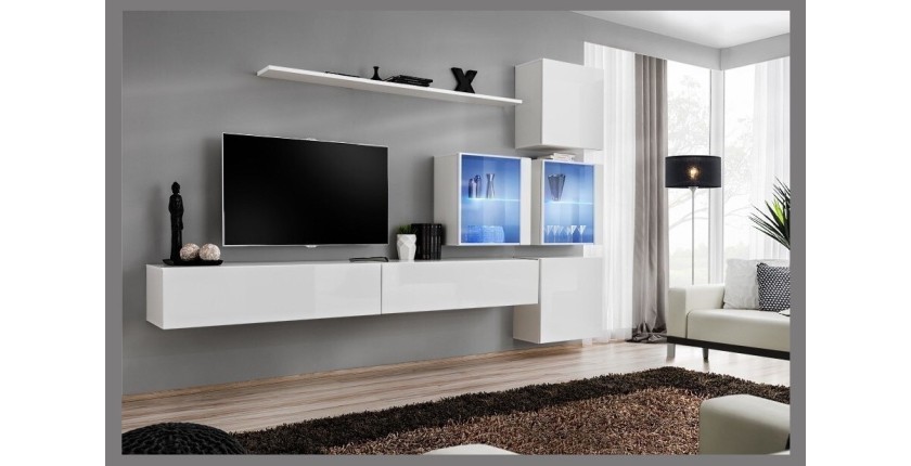 Ensemble meuble salon mural SWITCH XIX design, coloris blanc brillant.