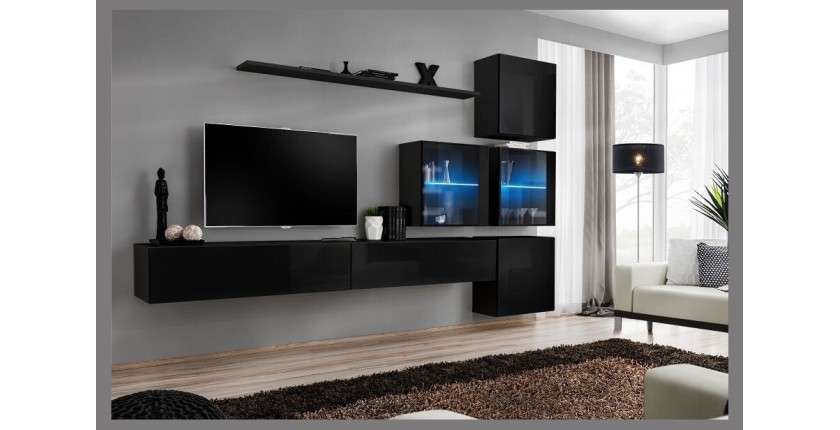 Ensemble meuble salon mural SWITCH XIX design, coloris noir brillant.