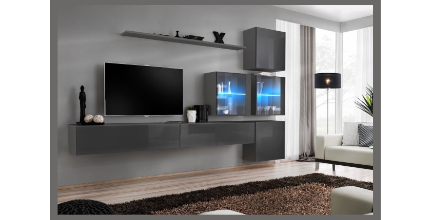 Ensemble meuble salon mural SWITCH XIX design, coloris gris brillant.