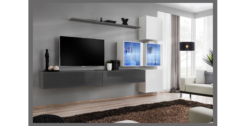 Ensemble meubles de salon SWITCH XIX design, coloris gris et blanc brillant.