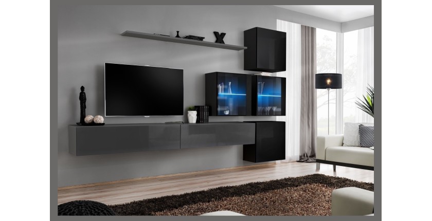 Ensemble meubles de salon SWITCH XIX design, coloris gris et noir brillant.