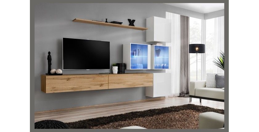 Ensemble meubles de salon SWITCH XIX design, coloris chêne Wotan et blanc brillant.