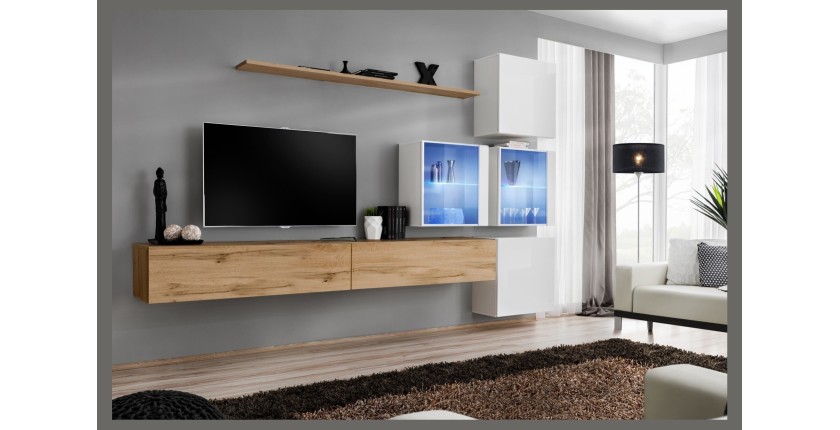 Ensemble meubles de salon SWITCH XIX design, coloris chêne Wotan et blanc brillant.