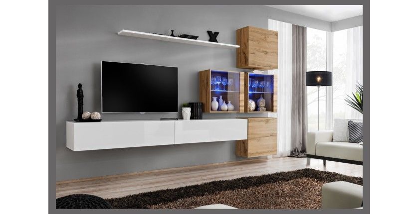 Ensemble meubles de salon SWITCH XIX design, coloris blanc brillant et chêne Wotan.