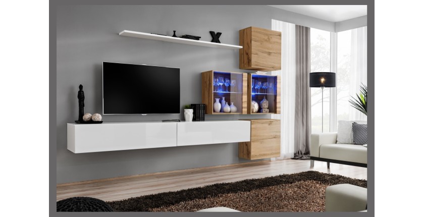 Ensemble meubles de salon SWITCH XIX design, coloris blanc brillant et chêne Wotan.