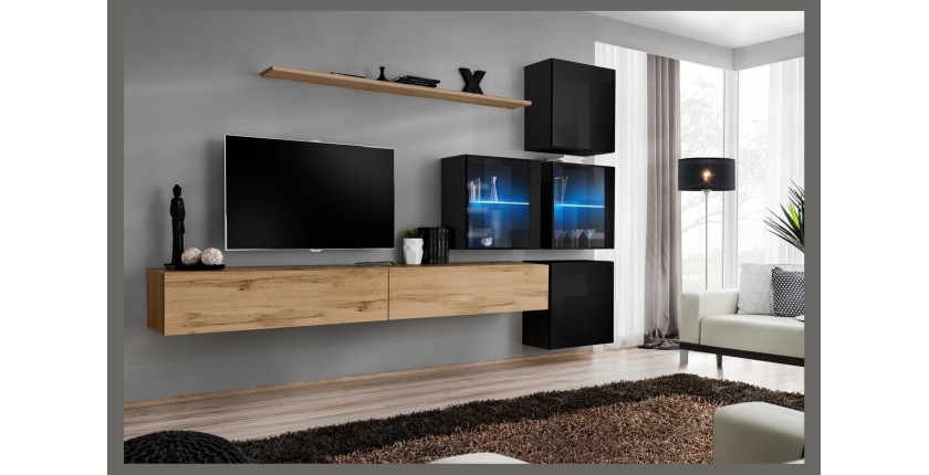 Ensemble meubles de salon SWITCH XIX design, coloris chêne Wotan et noir brillant.