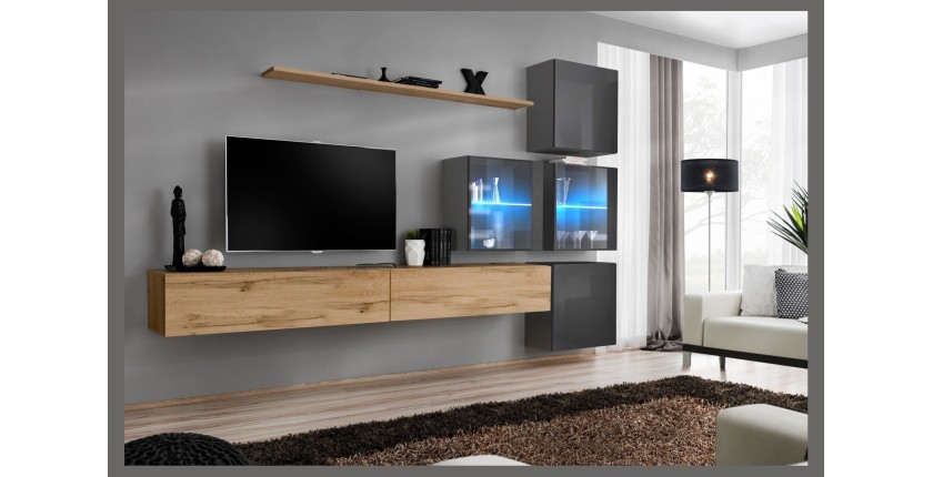 Ensemble meubles de salon SWITCH XIX design, coloris chêne Wotan et gris brillant.