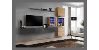 Ensemble meubles de salon SWITCH XIX design, coloris gris brillant et chêne Wotan.
