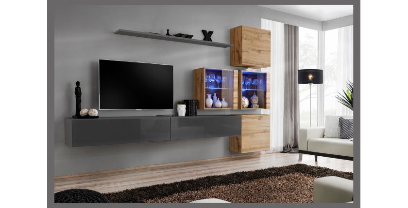 Ensemble meubles de salon SWITCH XIX design, coloris gris brillant et chêne Wotan.