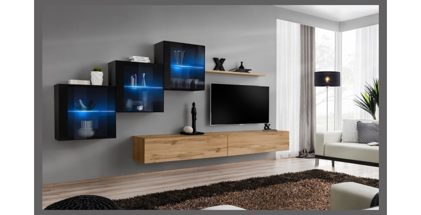 Ensemble meubles de salon SWITCH XX design, coloris chêne Wotan et noir brillant.