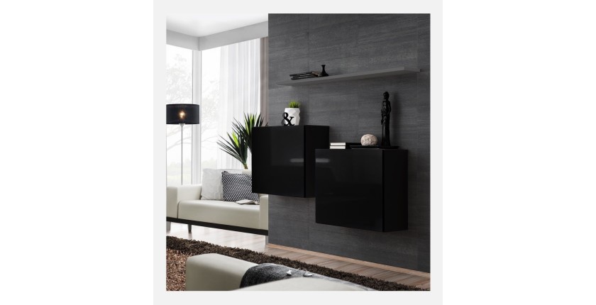 Ensemble meubles de salon SWITCH SBI design, coloris noir brillant et étagère grise.