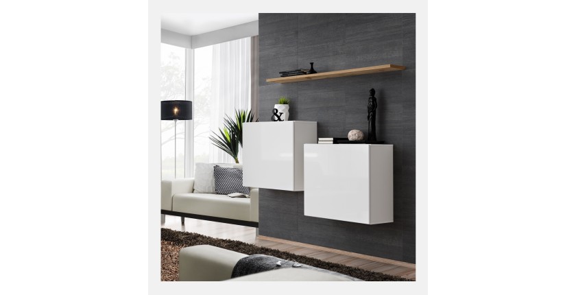 Ensemble meubles de salon SWITCH SBI design, coloris blanc brillant et étagère chêne Wotan.