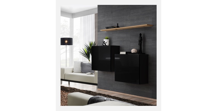 Ensemble meubles de salon SWITCH SBI design, coloris noir brillant et étagère chêne Wotan.