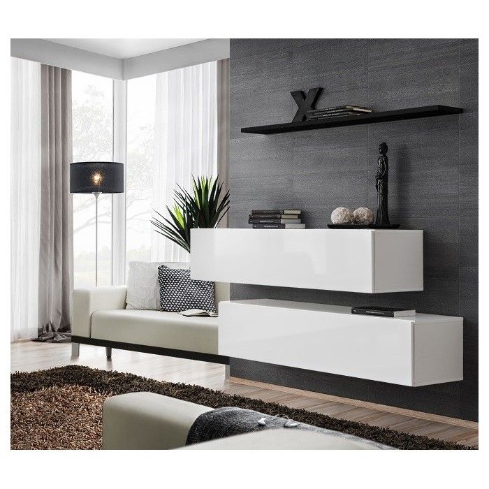 Ensemble meubles de salon SWITCH SBII design, coloris blanc brillant et étagère noire.