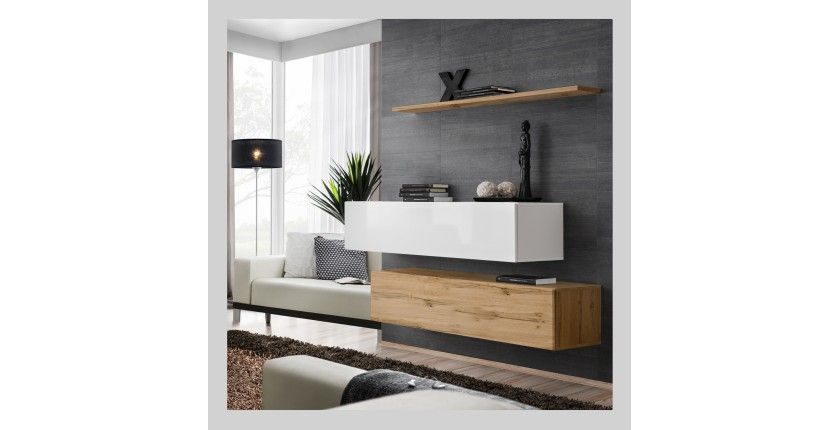 Ensemble meubles de salon SWITCH SBII design, coloris chêne Wotan et blanc brillant.