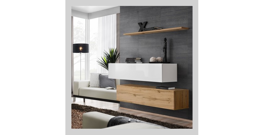 Ensemble meubles de salon SWITCH SBII design, coloris chêne Wotan et blanc brillant.