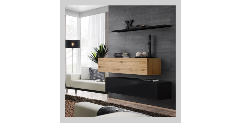 Ensemble meubles de salon SWITCH SBII design, coloris noir brillant et chêne Wotan.